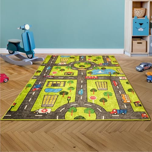 Bosdela Kinderteppich - und Babyteppiche – Vielfältige Designvariationen, waschbar, rutschfest, weich, ideal für Kinderzimmer & Spielzimmer 100x160 cm Grüne Stadt