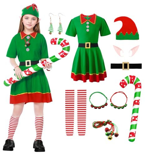 Angenster Weihnachtself Kostüm Set, 14 Stück Weihnachtskostüm Elfen Kostüm Wichtel Kostüm Weihnachts Outfits mit Hut Gürtel Ear Krücken Armband Halskette, Weihnachts Kostüm für Familie (Mädchen, 130)
