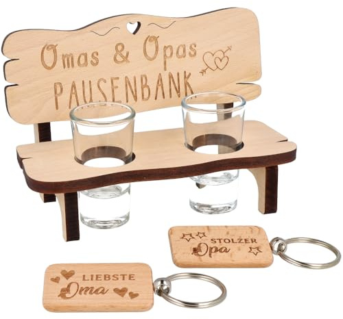 Spruchreif | Geschenkset für Großeltern Pausenbank für Oma und Opa | Schnapsbank und Schlüsselanhänger mit Gravur | Geschenkidee für Großeltern