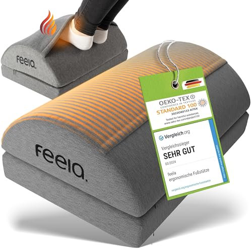 feela.® Fußstütze Schreibtisch [VERGLEICHSSIEGER] – Ergonomische Fußhocker mit Premium-Schaumkern & integriertem Wärmekissen – Rutschfester, Höhenverstellbares, Schreibtisch Zubehör (Dunkelgrau)