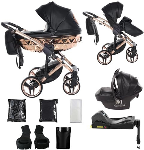 Junama Kinderwagen Diamond Hand Craft 2in1 3in1 4in1 (06 - Schwarz und Kupfer, 4in1 mit ISOFIX Basis)