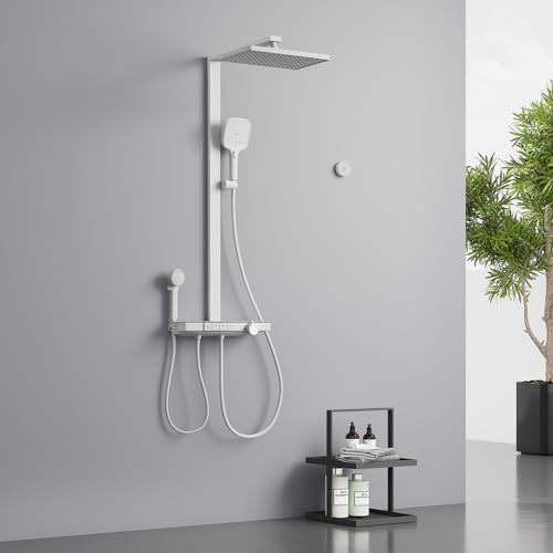 EMKE Regendusche mit Thermostat 36 × 24 cm, Duschsystem, Weiß Matt