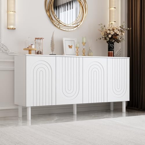 Caldion Sideboard mit 4 Türen,Pop-up Design,Küchenschrank,Küchenbuffet mit 5 Füßen,Buffetschrank Weiß,Buffetkommode,MDF,für Küchen,Wohnzimmer,Schlafzimmer,160x40x80cm