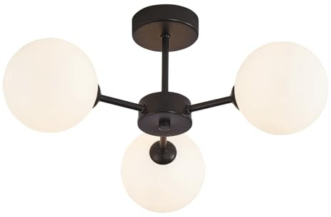 Happy Homewares Contemporary Chic Matte Black Ceiling Light with Opal White Round Globe Glass Shades | 22cm x 44cm | 3 x 5w G9 | Class 1 Earth Required