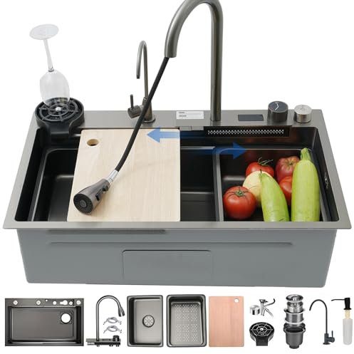 Grifo Cascada Fregadero Con Pantalla, Fregadero Con Nanorrevestimiento, Fregadero De Cocina Con Cascada, Tabla De Cortar Deslizante Y Lavavajillas De Alta Presión(Black-Grey#4,75x50cm)