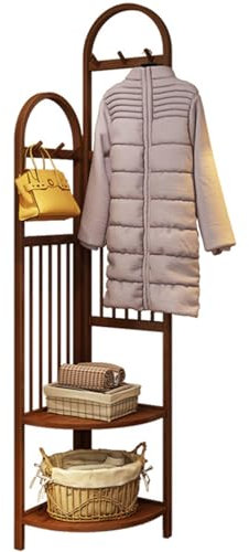 Porte-manteau sur pied avec miroir, porte-manteau, porte-manteau en bambou avec étagère, porte-manteau d'entrée, porte-manteau d'angle sur pied avec 6 crochets pour chapeaux, sacs à vêtement