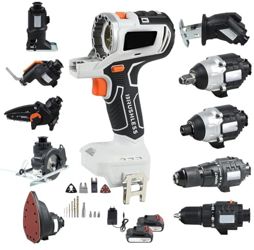 Bürstenloses Elektrowerkzeug-Kombi-Set – 10-in-1 Akku-Holzbearbeitungs-Set mit Säbelsäge, Stichsäge, Kreissäge, Kettensäge, Oszillierwerkzeug, Schraubendreher und 2 x 4,0 Ah Batterien & Werkzeugkasten