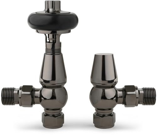 Black Nickel Angled Radiator Valves Antique Radiator Valves 15mm x 1/2 for Heated Towel Rails & Central Heating Radiators Wood Head Brass Radiator Valve Set