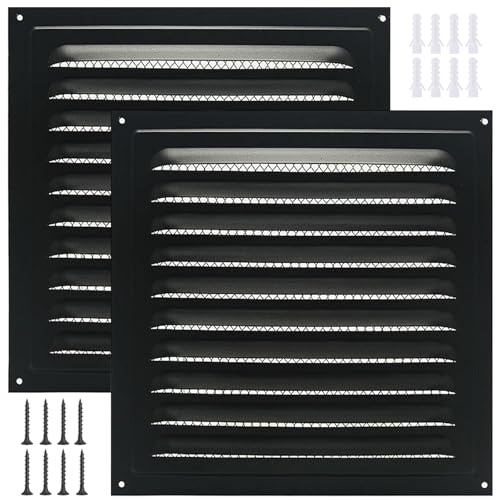 2 Piezas Rejillas de Ventilacion Cuadrada Negra, Rejilla Ventilacion Exterior con Malla, 15x15 20x20 25x25 30x30 y 30x15 cm, Rejilla de Ventilación for Salida de Aire(200x200mm)