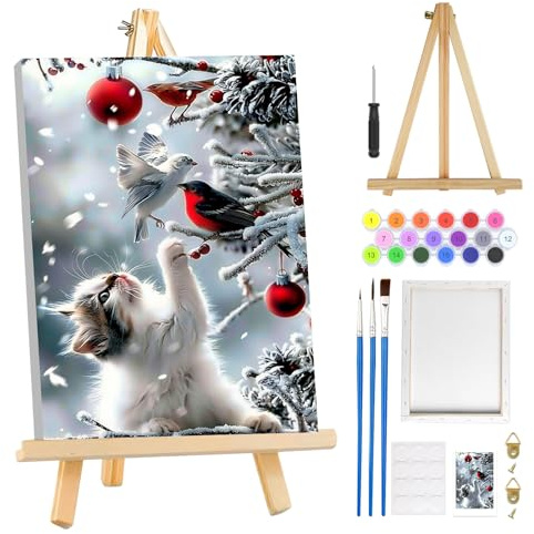 MOGTAA Noël Chat Peinture Numero Enfant Adulte avec Cadre, Hiver Paysage Peinture par Numero Adulte avec Chevalet, DIY Animaux Numéro d'Art Kits, Loisirs Créatifs Adultes, pour décoration, 20x30cm