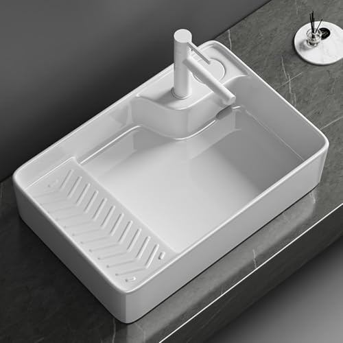 Lavatoio Ceramica Moderno in Ceramica con Rubinetto, Lavanderia con Asse per Lavare e Scarico dell'Acqua a Scomparsa, Lavandini Bagno per Balcone e Bagno(50x40x15cm/19.7x15.7x5.9in)