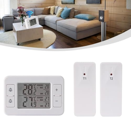 Wodsty Thermomètre sans fil avec 2 capteurs pour intérieur et extérieur, plage de -40 °C à 60 °C, portée sans fil de 100 m, pour réfrigérateur, cave à vin, garage, camping-car