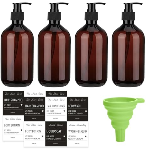 Soap Dispenser Set, 4 Pcs Shampoo and Conditioner Dispenser, 500 ML Refillable Shampoo and Conditioner Bottles Shampoo Bottle Pump Dispenser with Funnel Label for Bathroom or Hotel (Brown)
