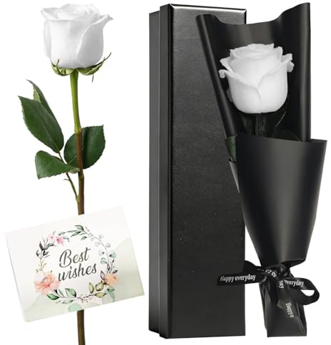 HIVTE Ewige echte weiße Rose in Geschenkbox | Elegante Forever konservierte Rose mit Stiel | Zeitloses Blumengeschenk für Frau & Mama zu Geburtstag & Valentinstag | Ideal zu Weihnachten & Muttertag