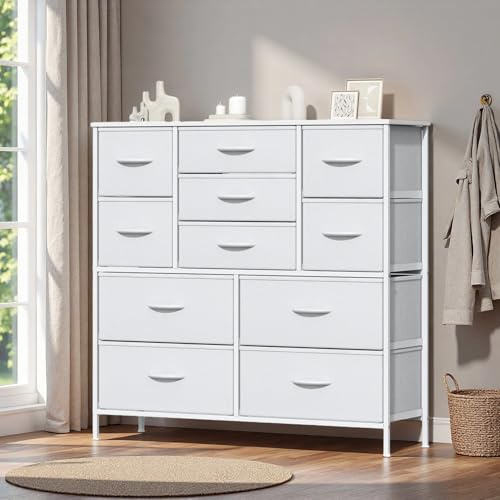 Feonase Stoffkommode mit 11 Schubladen, Schubladenschrank & Komode, Metallrahmen & MDF-Deckplatte, verstellbare Füße, Aufbewahrung für Schlafzimmer, Wohnzimmer, Flur, Weiß