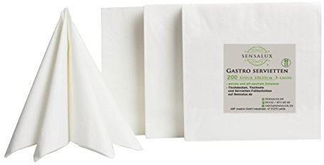 Sensalux Gastro-Servietten, 200 Stück, weiß, 3-lagig 1/4-Falz 33 cm x 33 cm, hochwertige Servietten, ideal für Partys, Hochzeiten, Geburtstage