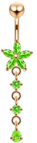 Monster Piercing 3 Micron 18K Rose Gold plattiert hellem Grün CZ Stein Blume mit runden und Teardrop baumelt Sterling Silberbarren Bauch Piercing