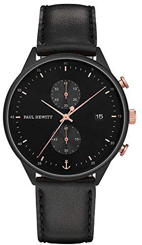 PAUL HEWITT Chronograph Herren oder Damen Chrono Line Black Sunray - Chronograph Edelstahl (Schwarz) mit Stoppuhr und Lederarmband (Schwarz) für Männer oder Frauen, schwarzes Ziffernblatt