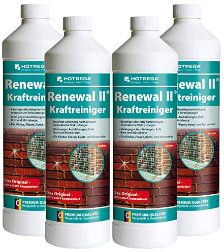 HOTREGA Renewal II Kraftreiniger Konzentrat 4x 1 Liter | Entfernt Kalk, Rost, Zement- und Mörtelreste von Fliesen, Natur- & Kunststein