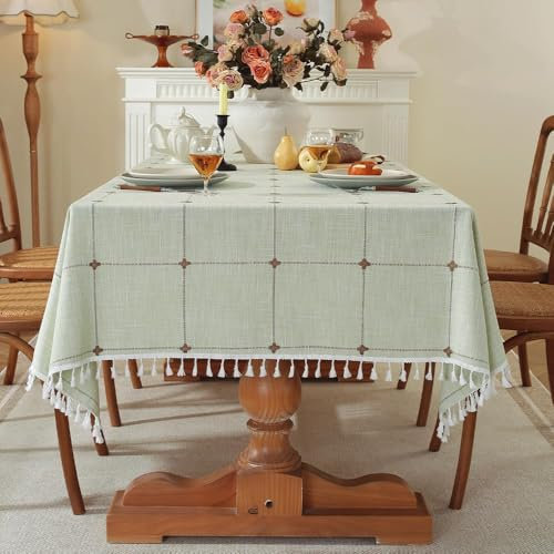 Pahajim Tischdecke Rechteckig Baumwolle Leinen Tischdecke Abwaschbar Elegante Karierte Tischdecke mit Quasten Küchentischabdeckung für Speisetisch,Outdoor(Grün, 140 x 260 cm)