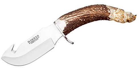 Joker Cuchillo desollador Jabato CT28 tallado a mano, mango de asta de ciervo, hoja de 11 cm, funda de cuero marrón, Herramienta de pesca, caza, camping y senderismo