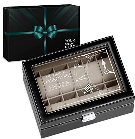 Maverton Uhrenbox mit Gravur für 12 Uhren - 30x20x8cm - Weihnachtsgeschenke - Uhrenkasten aus Kunstleder - Schwarz - Geschenk für Männer - Time Keeper