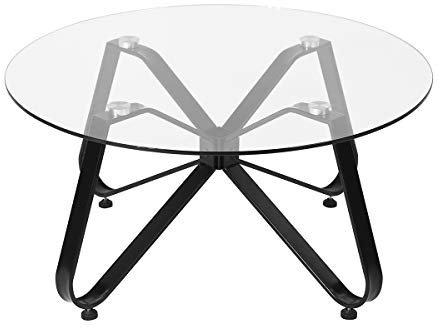 Table basse ronde en verre trempé, style nordique minimaliste, table d'appoint moderne avec base en fer noir pour la maison, le salon, la terrasse, le jardin (80 x 80 x 40 cm)