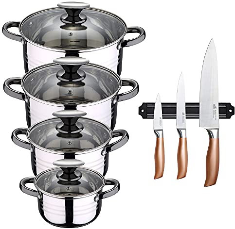 Bateria de cocina 8 piezas apta para induccion SAN IGNACIO Hita en acero inoxidable con set de 3 cuchillos en acero inoxidable con barra magnetica