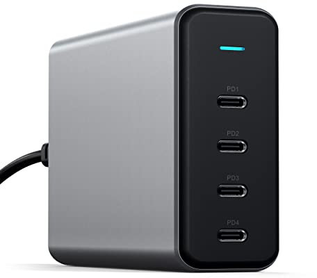 SATECHI 165W USB C 4-Port GaN Charging Station, 4 USB-C PD, Laptop charger, for MacBook Air/Pro M4/M3/M2/M1, iPad Air/Pro M4/M3/M2/M1, iPad 11th gen/Mini, iPhone 16, Galaxy S25, Windows (UK plug)