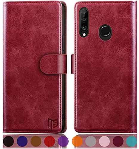 SUANPOT Coque pour Huawei P30 Lite [RFID Blocage] [Magnétique Protection] Etui Portefeuille en Cuir PU avec Fentes pour Cartes - Rouge
