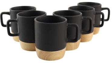 Orange85 Espressotassen - Schwarz - 4er Set - mit Bambus-Untersetzer - Mit Ohr - Kaffeetassen