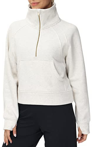 THE GYM PEOPLE Damen Halber Reißverschluss Pullover Fleece Stehkragen Crop Sweatshirt Langarm Oberteile mit Taschen Daumenloch