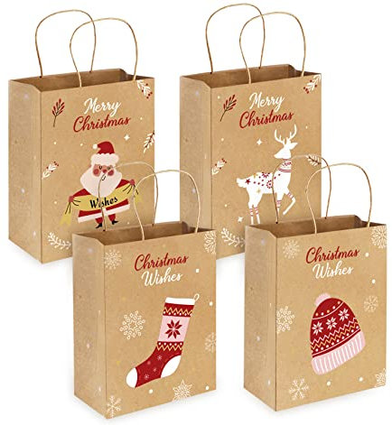 Homewit 24 Stück Weihnachten Geschenktüten Papiertüten mit henkel Kraftpapier Tüten Weihnachtstüten zum Befüllen, Braun Papiertüten Süssigkeiten Box Nikolaus Geschenke (4 Stile)