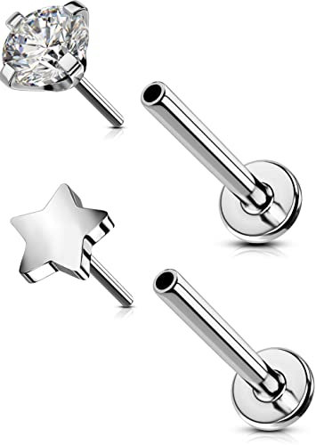 OUFER Helix Piercings Nasenpiercing Titan Flat Back Conch Rings Tragus Threadless Push-in Lippenpiercing Labret Studs Ohrring Knorpel Lip Bar Star CZ Medusa Monroe Schmuck 20G