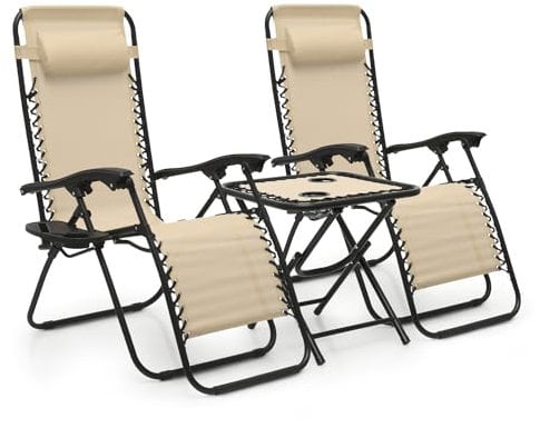 MoNiBloom 3-teiliges gemütliches Lounge-Stuhl-Set für draußen, verstellbare, zusammenklappbare Zero Gravity-Liegen für Terrasse, Strand, Pool, Hof, Camping, 150 kg Kapazität – cremefarben