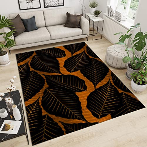 SANSJI Schwarze Orange Blätter Indoor-Teppich, Moderner Minimalist Maschinengewebt Schlafzimmerteppich - für Schlafzimmer Wohnzimmer Esszimmer Balkon 140 x 200 cm