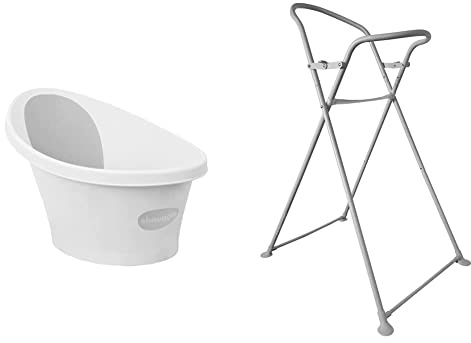 Shnuggle Newborn Baby Bath | Built in Support Bump and Soft Backrest | Suitable from Newborn | Bath Seat Support Includes Plug | White with Grey backrest & New Folding Bath Stand