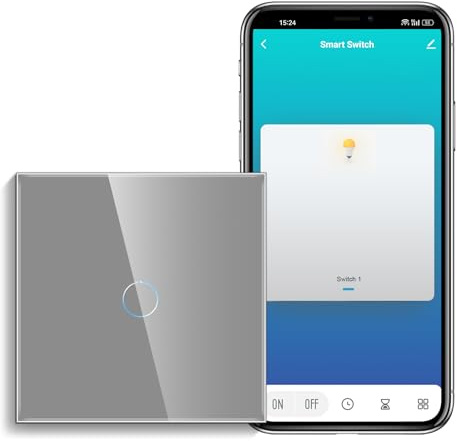 CNBINGO Smart Touch Lichtschalter Grau, Glas Alexa WLAN Wandschalter | Kein Neutralleiter Erforderlich - Arbeiten mit Alexa, Google Assistant - 1-Fach Wandschalter mit Glas Panel Einfach