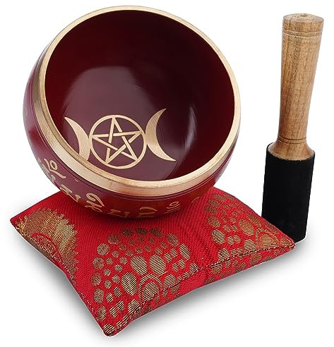 Ajuny Juego de Cuencos Tibetanos de Latón con Varilla y Cojín para Yoga Curación Chakras Alivio del Estrés con Sonido Cuenco de Hecho a Mano Regalo para Mujeres y Hombres (Dorado Granate)