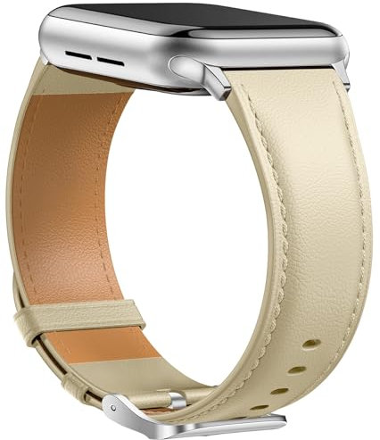 Laffav Bracelet en Cuir Compatible avec Bracelet Apple Watch 44mm 45mm 49mm 42mm Femme Homme, Remplacement en Cuir Véritable pour Apple Watch iWatch Series 8 7 6 5 4 3 2 1 SE Ultra,Beige