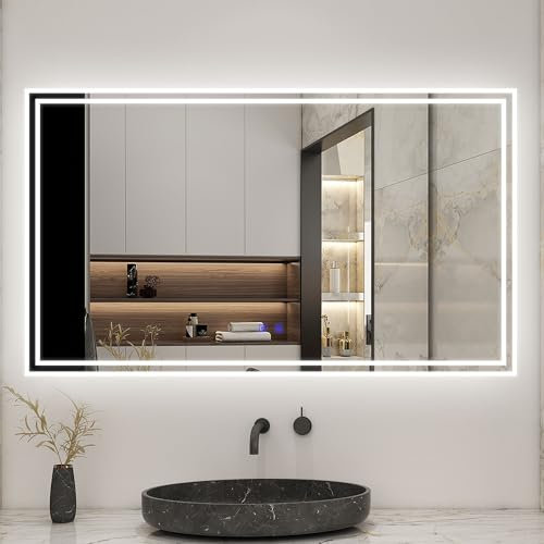 Biubiubath 1200x700mm Bathroom Mirror with LED Lights and Bluetooth Speakers Ajustable Brightness 3 Light Colours (Cool White+Warm White+Warm) Horizontal
