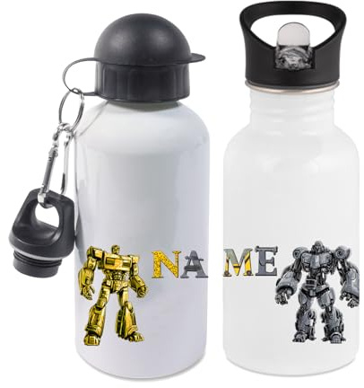 Maus-Design Trinkflasche personalisiert mit Name, Roboter | 400ml, 500ml oder 600ml, Schriftwahl für Name, Edelstahl oder Aluminium