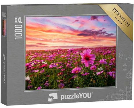 Puzzle 1000 Teile XXL „Kosmeen blühen vor dem Sonnenuntergang, Schmuckkörbchen“ – aus der Puzzle-Kollektion Blumenwiesen, Blumen & Pflanzen