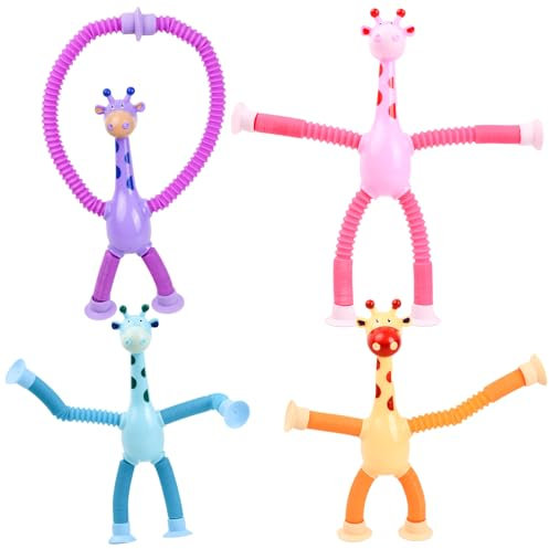 Tibapla Jirafa Tubo Juguete, 4 Piezas Juguete Telescópica de Jirafa con Ventosa , Juguetes de Telescópico Tubo Pop de Jirafa Estrés, Juguete Sensorial de Jirafa Educativos Regalos