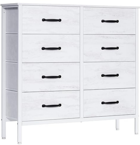 LYNCOHOME White Chest of Drawers, Wide Bedroom Furniture with 8 Drawers,Storage Cabinet with Deep and Large Drawers,Dresser for Bedroom,Hallways, Closet,Sitting Room