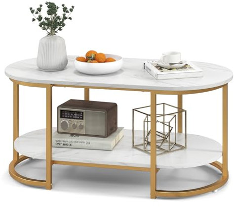 LIFEZEAL Couchtisch Marmor Gold, Moderner Wohnzimmertisch mit Ablageflächen, Sofatisch aus Metall, Mitteltisch Teetisch für Wohnzimmer, Schlafzimmer und Büro, 100 x 50 x 45 cm
