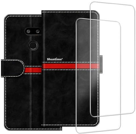 ESACMOT Handyhülle Kompatibel mit LG G8 ThinQ + [2 Pack] Displayschutzfolie Glasfolie, Premium Leder Magnet Schutzhülle Cover für LG G8 ThinQ LM-G820N (6,1 Zoll) Schwarz
