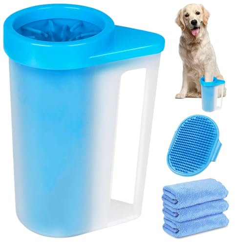 Pfotenreiniger für Hunde Große, Hundepfoten Reiniger mit Griff, Inkl.3 Mikrofaser-Handtuch und Hundebadebürste, Hunde Pfotenreiniger Hundezubehör für Große Hunde, Hunde Sachen (Blau, Größe L)