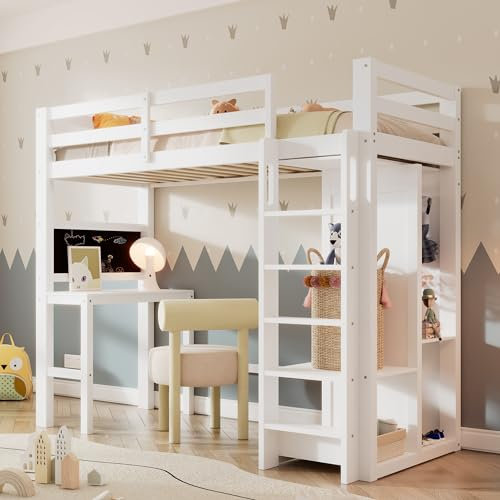 Hochbett mit Schreibtisch, Offener Kleiderschrank und Regalen, Etagenbett mit Tafel und Treppe, Kinderbett mit Lattenrost und Rausfallschutz, 90x200 cm Funktionsbett Jugendhochbett,ohne Matratze,Weiß