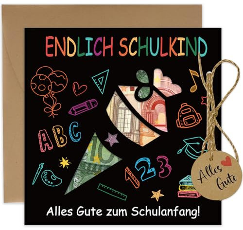JOYEASE Geldgeschenke Einschulung Verpackung mit Umschlägen, Karte Einschulung Schulkind Geschenk, Schulanfang Geschenke für Mädchen Jungen(Schwarz)